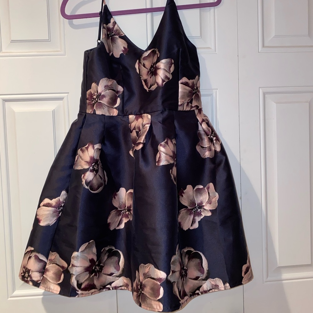 Navy and Pink Floral Criss Cross Strap Dress